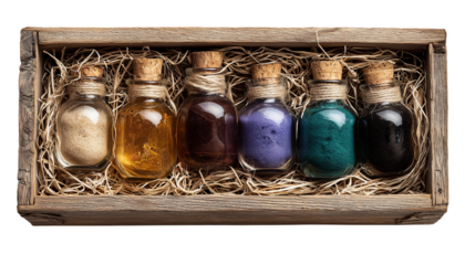 Wooden crate of assorted handmade potions in straw filling isolated on transparent background