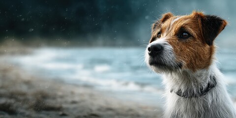 Brown and white dog gazing thoughtfully by the water on a rainy day near the beach