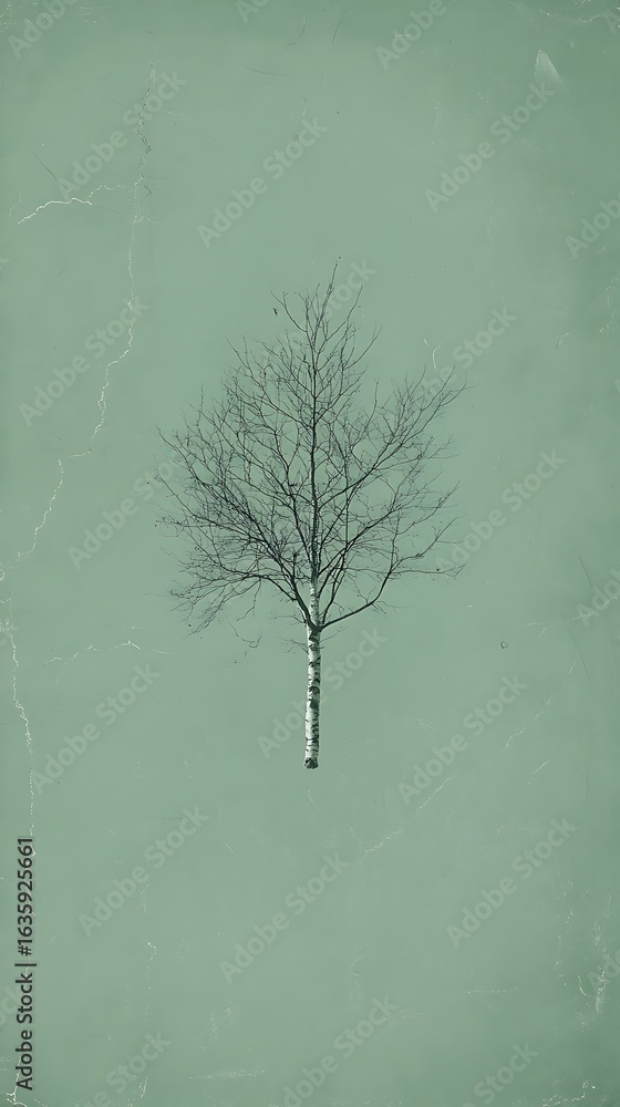 Poster dusty green background with a small drawing of a birch tree motif in the center, thin lines