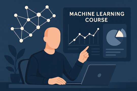 Machine Learning Course Illustration with Instructor and Charts