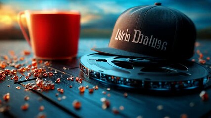 A warm mug of beverage, hat, film reel, and scattered crystals on a dark, textured surface - Powered by Adobe