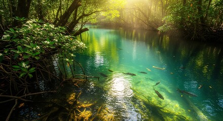 Obraz premium Serene Tropical River Scene with Sunlight Filtering Through Lush Green Forest Canopy and Clear Water Reflections