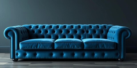 Deep buttoned Chesterfield sofa, plush velvet upholstery, room, armchair