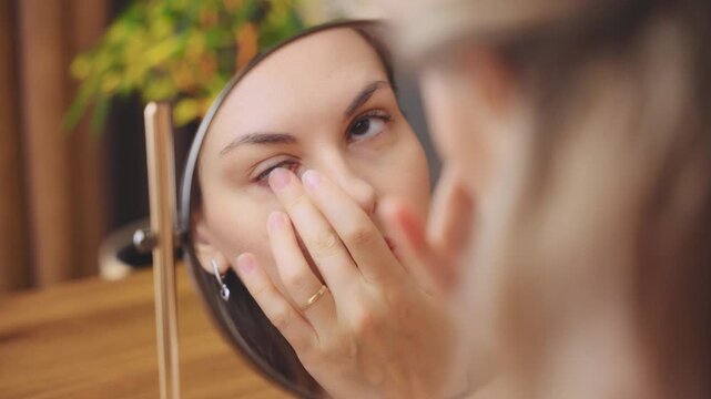 happy woman removes lens from eye puts it in container with cleaning solution, close-up finger take off on brown eyes clear astigmatic lenses for vision. Beauty girl looking at mirror smiling face 4k