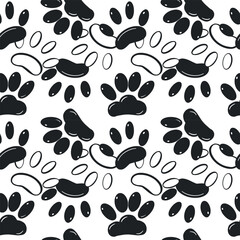 Seamless vector pattern. Paw prints of dogs, cats, dark and light prints, hand-drawn in ink. The illustration is perfect for printing on pet food packaging, postcards. Vector illustration.