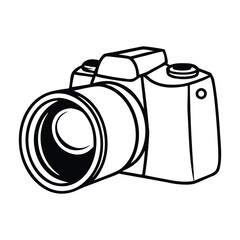 A black and white line art icon of a digital photo camera. Simple vector illustration for photography, technology, and media concepts. Isolated design.
