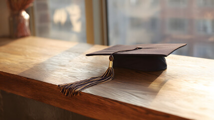 Single graduation cap on a wooden surface with tassel detail in warm academic atmosphere.