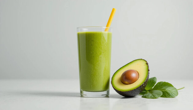 A refreshing green smoothie is displayed in a tall glass beside a halved avocado on a white surface.