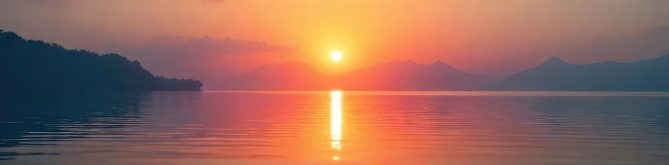 Serene sunrise over tranquil water, reflecting the calm and peaceful atmosphere of early morning meditation Perfect for mindfulness, yoga, and spiritual wellness themes , reflection, dawn