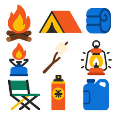 Camping Essentials Icons. Flat vector icons of camping essentials: campfire with logs, pitched tent icon, sleeping bag rolled up,