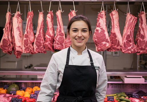 Photo of a smiling female butcher in a chefs coat and apron standing in front of a display of fresh meat cuts