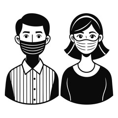 Black and White Illustration of Two People Wearing Masks Amidst a Pandemic Era Focusing on Public Health and Safety Measures