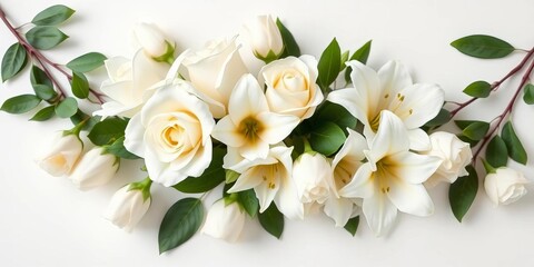 Elegant white roses and lilies arranged on pure white background,  elegant, white flowers