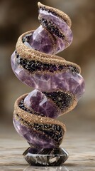 Spiral amethyst sculpture, adorned with gold flecks
