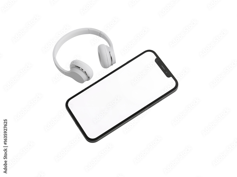 Poster sleek mobile device displaying blank screen with pristine wireless headphones isolated on