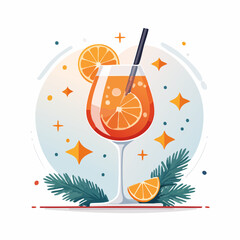 Stylish Vector Illustration of an Aperol Spritz Cocktail Set Against a Soft Gray Background with Decorative Pine Branches, Ideal for Seasonal Drinks and Celebrations