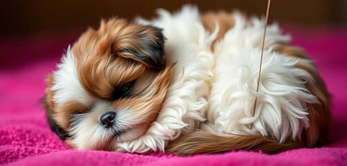 Fluffy Shih Tzu puppy with big eyes, sleeping curled in a ball,  innocent,  pet portrait