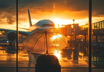 An umbrella is placed on the airport window, with an airplane in silhouette and sunlight streaming through it.
