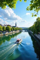 Serene view of the Bordeaux River, reflecting the cityscape and lush green banks on a sunny day Boats gently glide along the calm water, creating a picturesque scene , scenery, majestic, summer