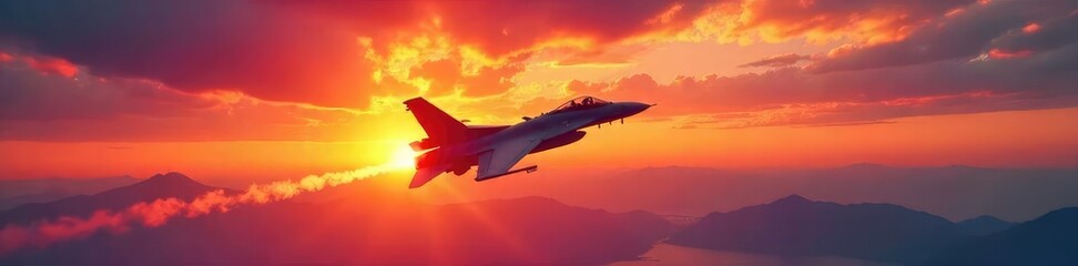 Silhouetted fighter jet soaring through a vibrant sunset, contrails streaking across the sky, a powerful display of aerial prowess , powerful, speed