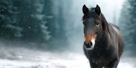Fototapeta premium Majestic horse walking through snowy forest in winter landscape surrounded by tall pine trees