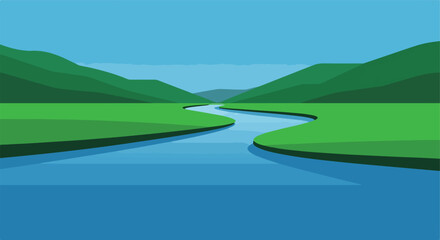 Vector river through valley, green meadows, verdant hills, and light blue sky above