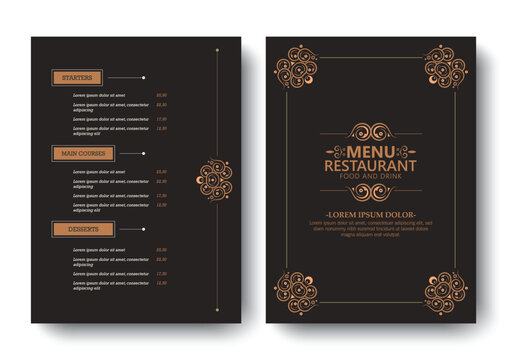 Elegant Ornamental Restaurant Menu Design Template with Brown and Gold Colors
