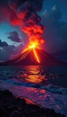 Dramatic Nighttime Eruption of a Hawaiian Volcano Fiery Lava Flowing into the Ocean