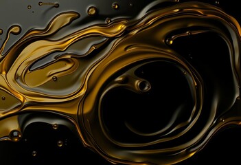 Golden olive oil flows, creating swirls and ripples on a dark background,  food,  splash