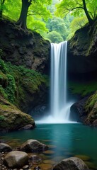 Stunning cascading waterfall tumbles over mossy rocks into a serene pool, surrounded by lush green foliage and ancient trees Perfect for nature, travel, and environmental themes , natural, serenity
