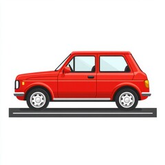 Classic red compact car parked on a smooth road against a minimalistic background
