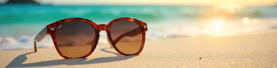Stylish sunglasses resting on a beach, reflecting the sun's glare Perfect for summer, travel, and vacation imagery Shows off the design and quality of the shades , bright, dark, tropical