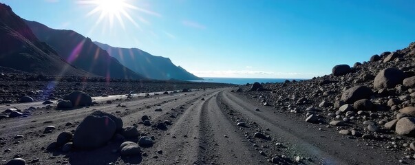Sun-drenched volcanic Tenerife ground, rich textures of black sand and rugged lava rock formations under a vibrant blue sky Perfect for travel, geology, or nature documentaries , mineral, vibrant