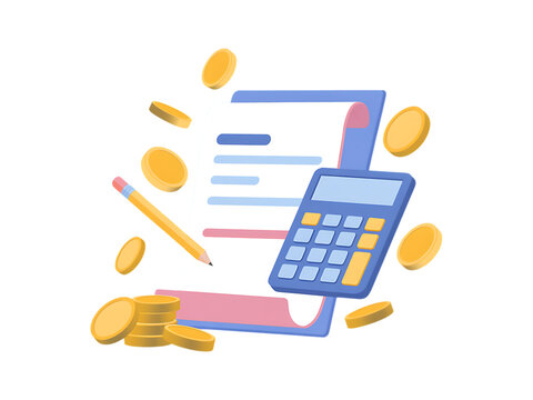 Financial accounting concept illustration.  Invoice, calculator, pencil, and coins represent budgeting, expenses, and financial planning.