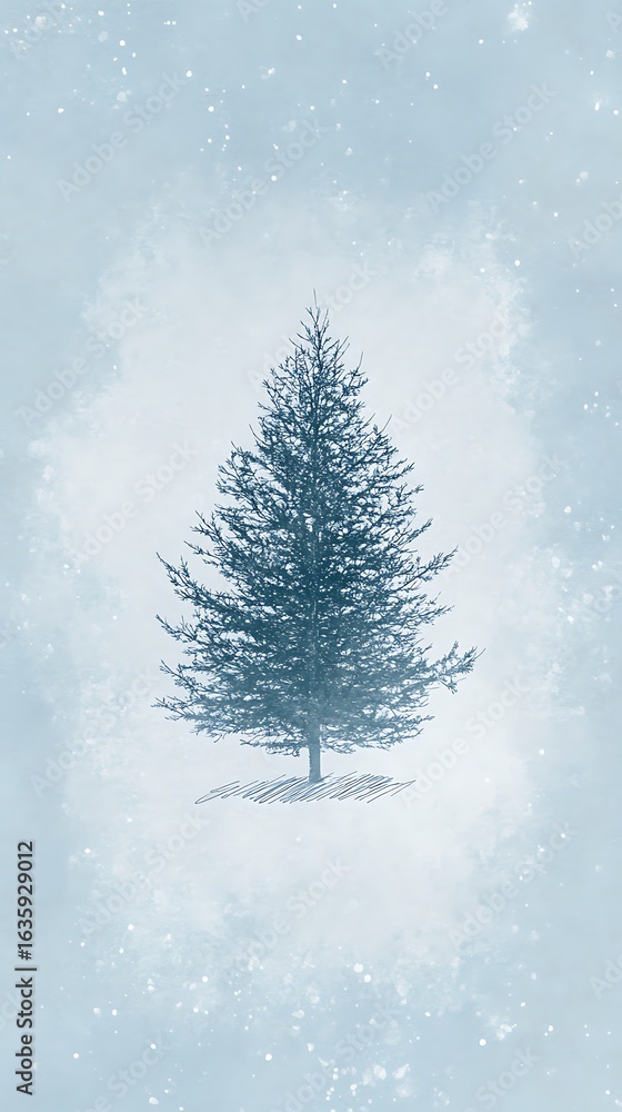 Poster soft blue background with a fine-lined cedar tree motif in the middle, very minimal sketch