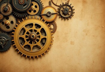 Intricate clockwork gears and brass elements overlaid on textured paper, faded sepia tones, photography, design