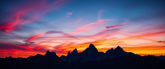 Jagged mountain peaks form a dark silhouette against a vibrant sunset sky,  nature,  peaceful