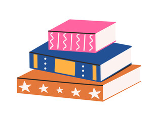 Stack of book isolated on white background. Vector illustration. Flat style. Orange blue pink color.