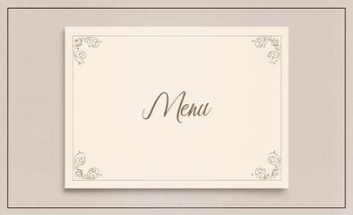 Elegant menu design with decorative borders on a textured beige background, copy space