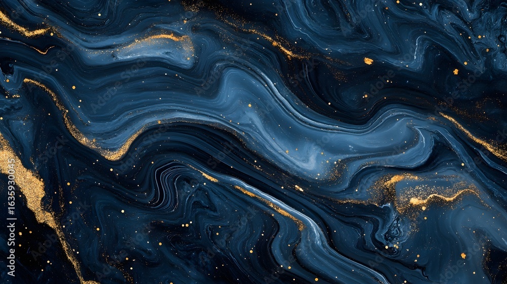Poster breathtaking abstract fluid art background with dynamic swirling patterns in deep blue and shimmerin