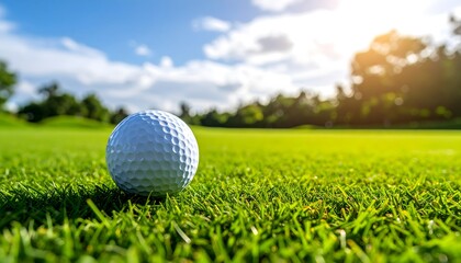 Obraz premium A white golf ball sits on the lush green grass of a beautiful course under a bright blue sky with sunshine.