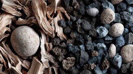 Pale rock on wood shavings meets dark volcanic pebbles