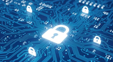 Cybersecurity concept with glowing padlock icons on a blue circuit board, representing data protection and network security in the digital age