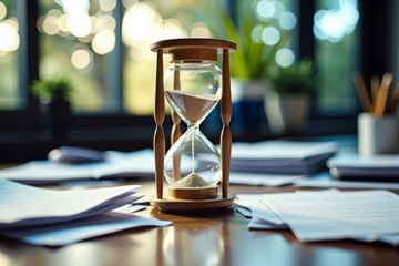 Time Crunch: Hourglass and Scattered Documents in a Busy Office Setting symbolizing Impending Deadlines