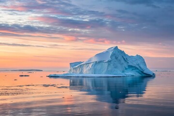 Fototapeta premium A large iceberg floating in the ocean at sunset keywords ocean iceberg sunset pink