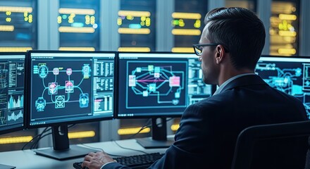 Man working at computer monitors in a server room, overseeing network security and data analysis for cybersecurity and system administration