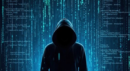 A hooded hacker stands in front of a digital code background, representing cybersecurity, cybercrime, and the dark side of the internet