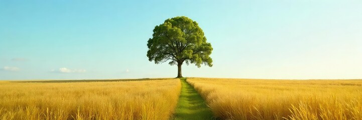 Fototapeta premium Serene Solitude A Perfectly Symmetrical Tree Stands Alone in a Vast, Pristine Field Under a Clear Blue Sky, Evoking Peace and Tranquility.