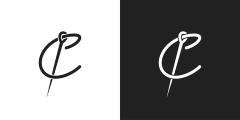 Letter C sewing needle fashion clothing logo vector illustration template. Initial letter C thread embroidery tailor textile logo. Vector illustration.