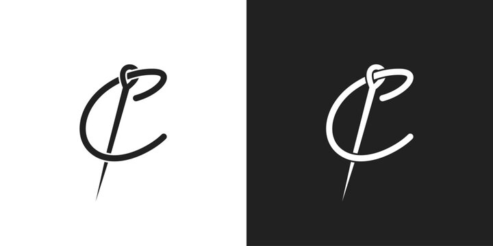 Letter C sewing needle fashion clothing logo vector illustration template. Initial letter C thread embroidery tailor textile logo. Vector illustration.